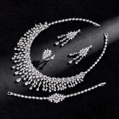 Luxury 4pcs Bridal Wedding Jewelry Set Cubic Zirconia Dubai Tassels Necklace Earrings Sets for Women Party Dress