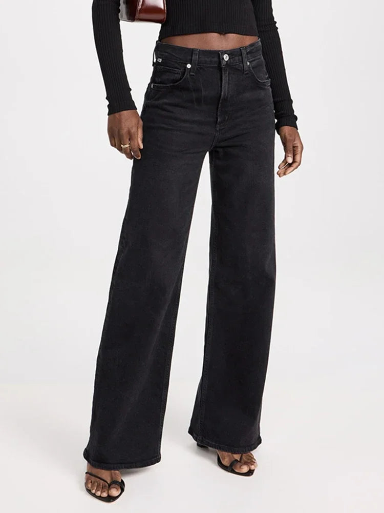 Female Retro Casual Baggy Straight Leg Jeans Women Stretch Classic Gray Denim Pants Lady Solid Cheap Fashion Trousers