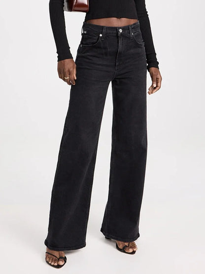 Female Retro Casual Baggy Straight Leg Jeans Women Stretch Classic Gray Denim Pants Lady Solid Cheap Fashion Trousers