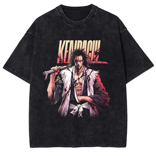 Japan Classic Anime BLEACH Zaraki Kenpachi Print T-shirt Men WomenCasual Tees Vintage Style Cotton Clothing Harajuku Washed Tops