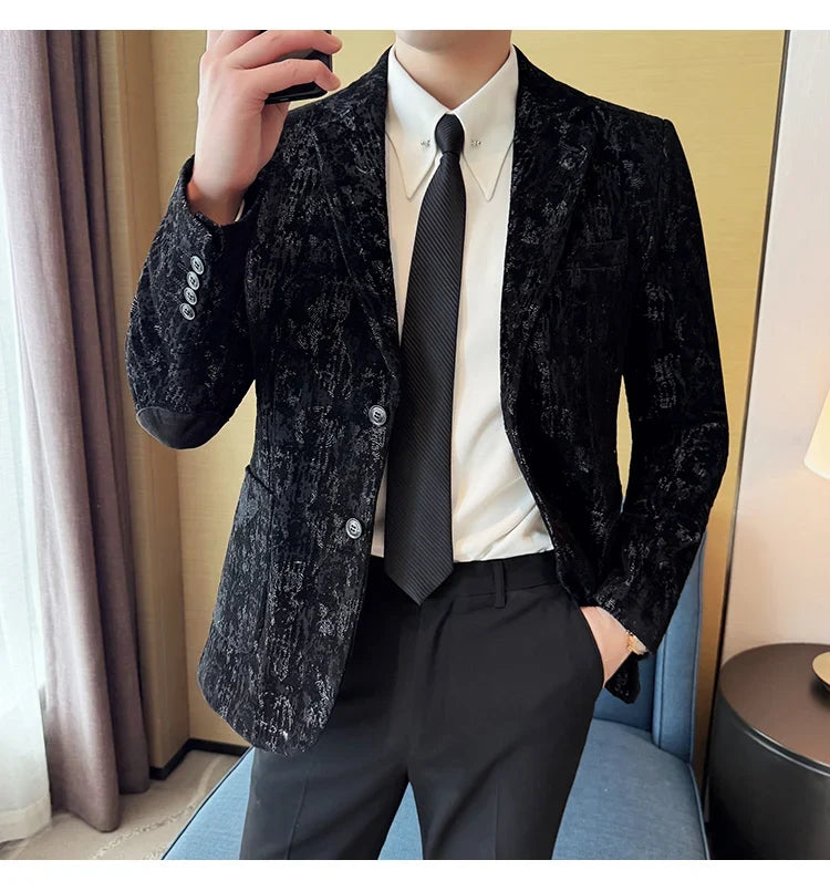 High Quality Plush Jacquard fashion Suit Jacket  Korean Version Slim Fit Business Retro Casual Social Wedding Suit Blazer 5XL-M