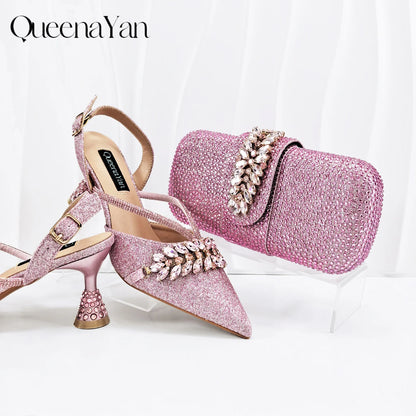 2026 New Shiny Italian Fashion Pointed Toe Women Heel Fashion Rhinestone Decoration Pink Color Shoes And Bag Set