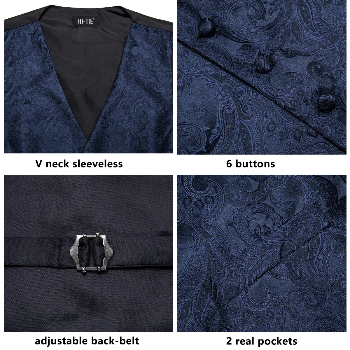 Navy Blue Mens Silk Vests Business Paisley V-Necl Waistcoat Tie Hanky Cufflinks Brooch Set for Men Suit Wedding Formal Hi-Tie