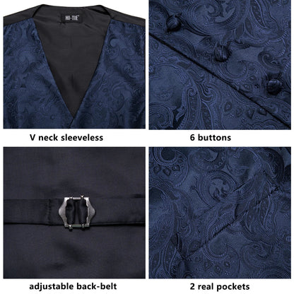Navy Blue Mens Silk Vests Business Paisley V-Necl Waistcoat Tie Hanky Cufflinks Brooch Set for Men Suit Wedding Formal Hi-Tie