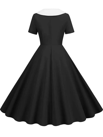 Summer Midi Dress Women Elegant Pink Vintage Party Sundress Casual Peter pan Collar Short Sleeve Dress