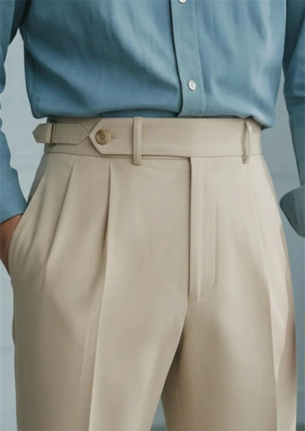 Men’s Beige High Waist Pleated Trousers Tailored Dress Pants with Side Adjusters Vintage Old Money Style