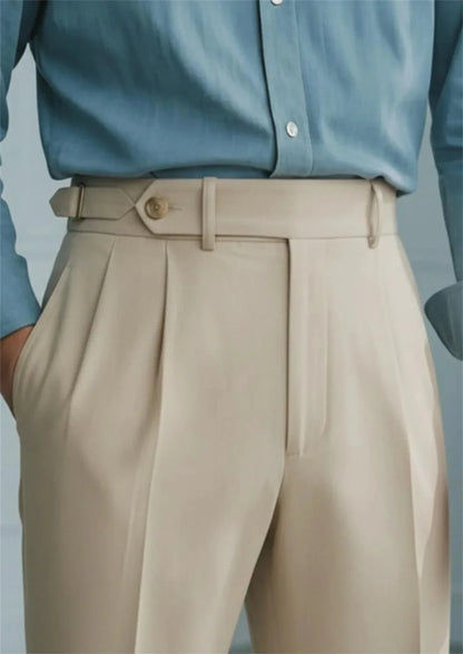 Men’s Beige High Waist Pleated Trousers Tailored Dress Pants with Side Adjusters Vintage Old Money Style