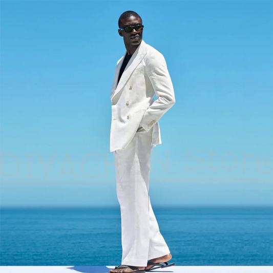 Men White Linen 2 Piece Suit Double Breasted Blazer And Pants Formal Wedding Party Gentleman Summer Beach Casual Tuxedo