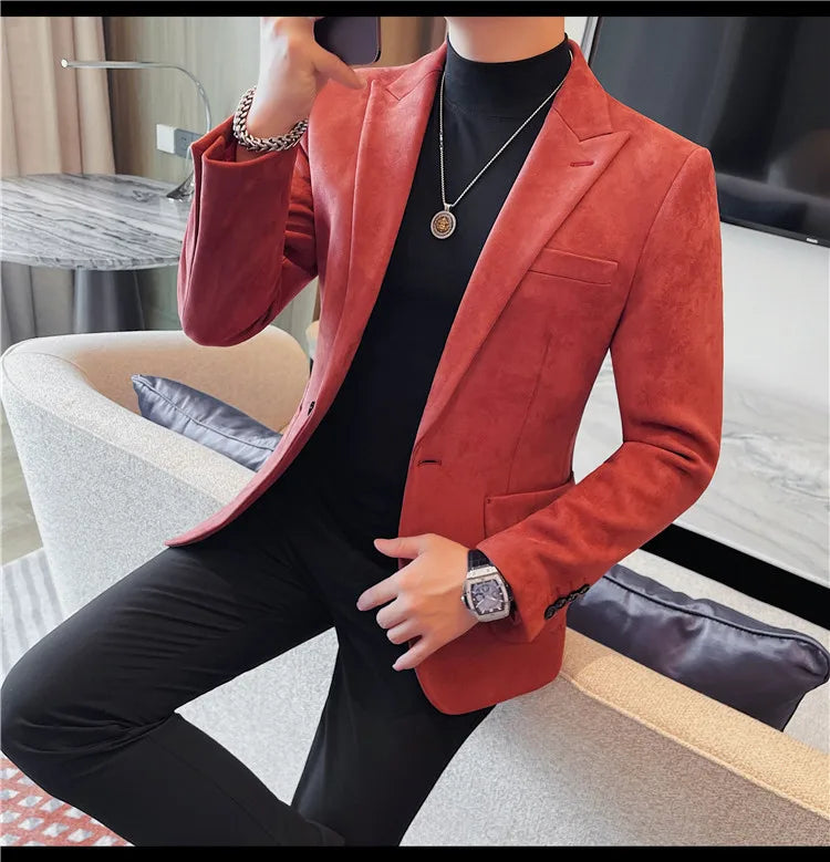 Classics Autumn Winter Suede Suit Jackets Fashion New Solid Slim Fit Business Office Social Blazer Wedding Top Mens Clothing 4XL