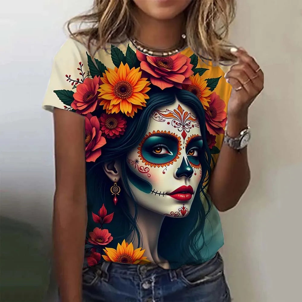 Women's T-shirt for Girls Short Sleeve Casual Sexy Girls Clothes Summer Day of the Dead Undead Skull Pattern oversized T-shirts
