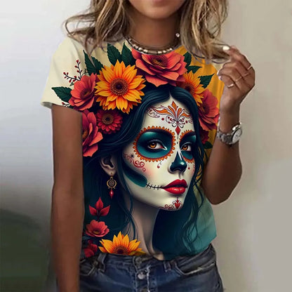 Women's T-shirt for Girls Short Sleeve Casual Sexy Girls Clothes Summer Day of the Dead Undead Skull Pattern oversized T-shirts