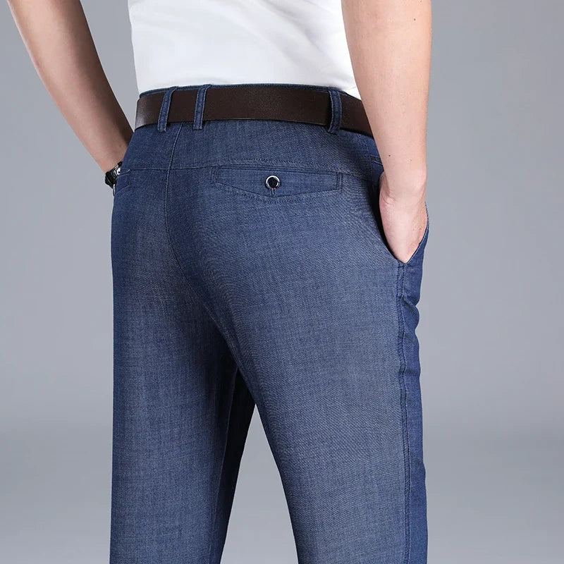 Fabric 2026  Spring Summer Men's Black Thin Straight Jeans Classic Style Business Fashion Stretch Loose Jeans Male Brand