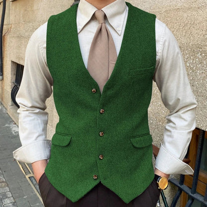 Men Vest Blue Herringbone Solid Color Single Button Waistcoat For Wedding Business Banquet Work Formal Men Suit Vest