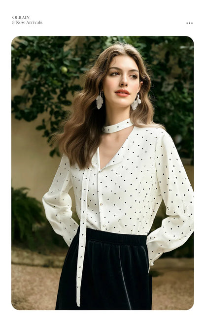 Woman Chiffon Blouse French Style 2026 Spring Elegant Polka Dot Ladies Top Bow Tie Neck Long Sleeve Shirts O58CC002535