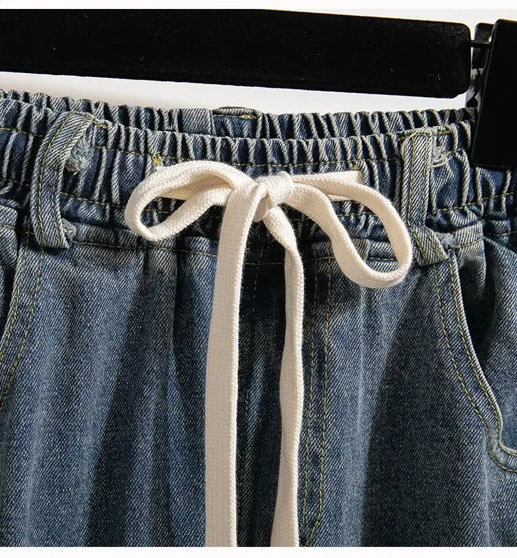 High Waist Wide Leg Cotton Denim Dstring Loose Fit Women's Autumn 2024 Slimming Effect Pure Cotton Casual Trousers