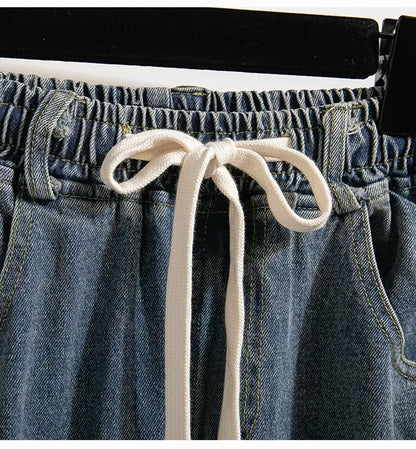 High Waist Wide Leg Cotton Denim Dstring Loose Fit Women's Autumn 2024 Slimming Effect Pure Cotton Casual Trousers