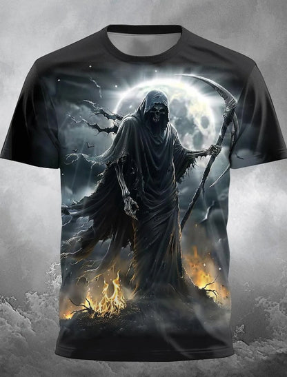 Hot selling European and American men's summer personalized skull print Halloween breathable round neck T-shirt outdoor party to