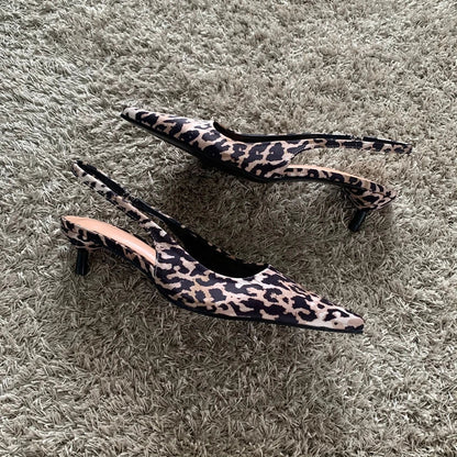 Woman Leopard Print High Heels Women Sandals Summer Fashion Pointed Toe Low-heel Pumps Slingbacks Elegant Female Heeled Shoes