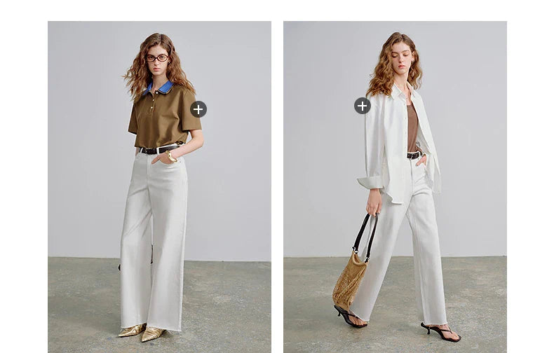 Women Jeans 2026 Spring New Black Label Lycra Stretchy White Frayed Cuff Loose Wide-Leg Pants