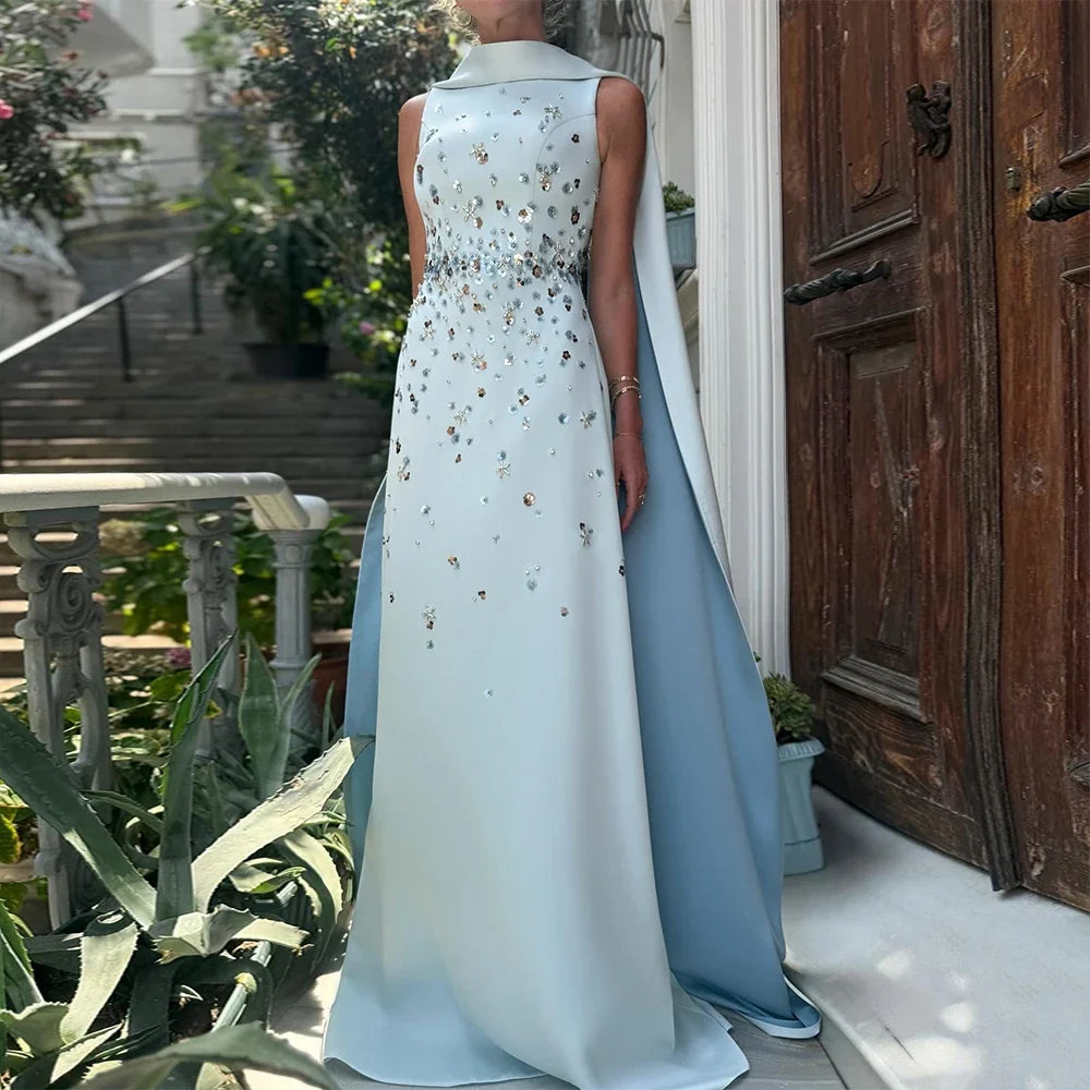 Luxury Evening Dress with Detachable Shawl Crystal Sequined Women's Evening Gowns Long A Line Sleeveless Formal Party Dresses