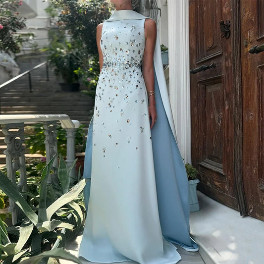 Luxury Evening Dress with Detachable Shawl Crystal Sequined Women's Evening Gowns Long A Line Sleeveless Formal Party Dresses