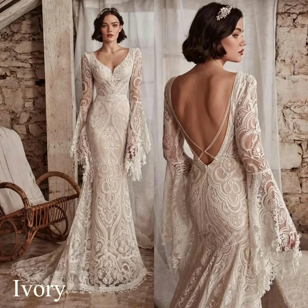 2026 Boho Mermaid Wedding Dresses Long Sleeve Pleat Sexy Lace Illusion Bridal Gown V-Neck Backless Zipper Sweep Train Customized