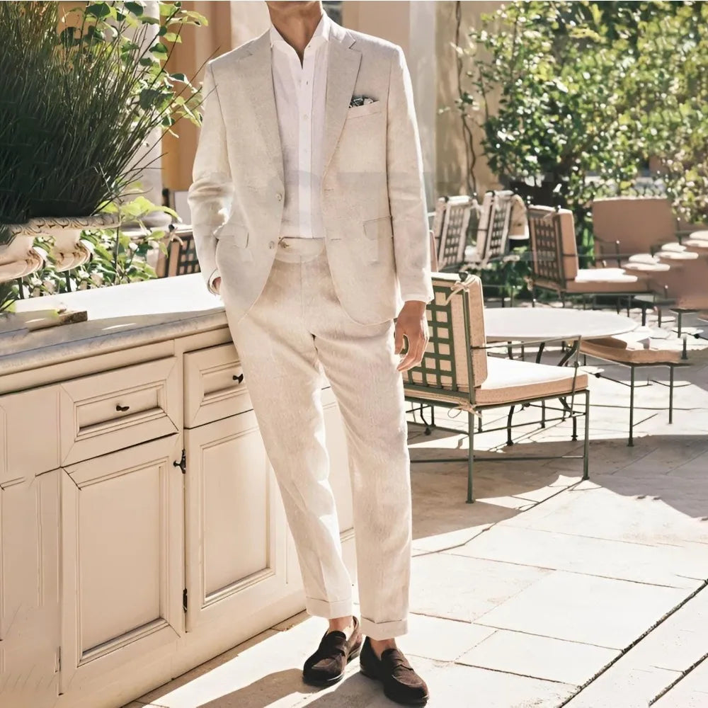 Beige Linen Prom Suits for Men 2 Pieces Summer Men Suits Slim Fit Groom Blazer Trousers Set Formal Wedding Tuxedo costume homme