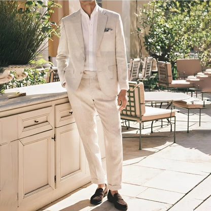 Beige Linen Prom Suits for Men 2 Pieces Summer Men Suits Slim Fit Groom Blazer Trousers Set Formal Wedding Tuxedo costume homme