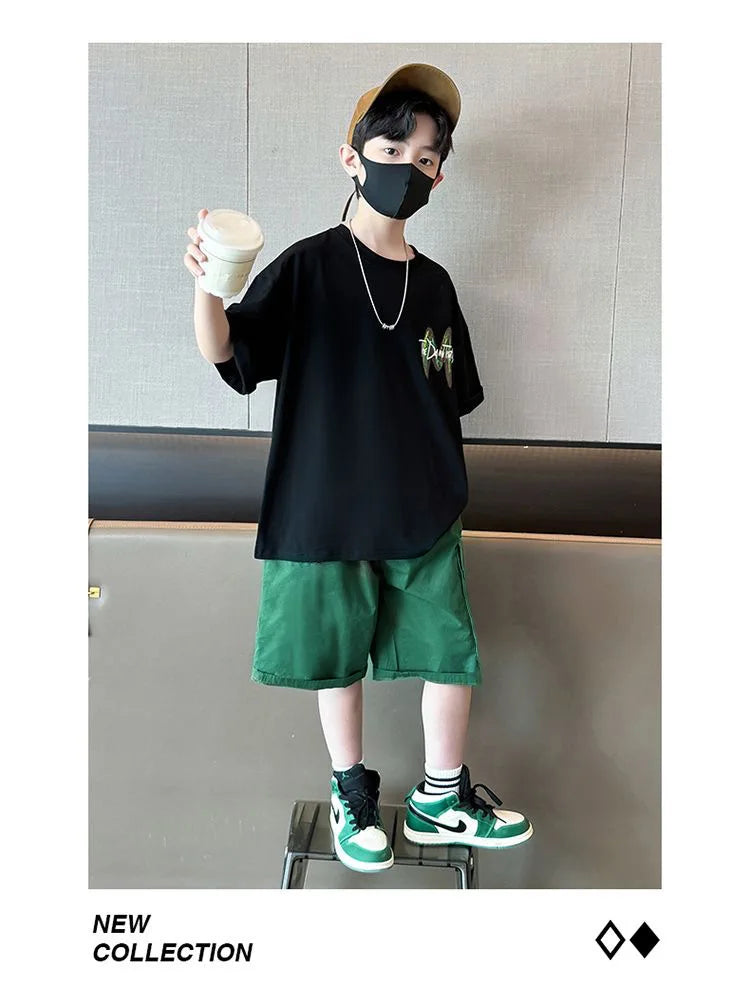Summer Boys Cotton Leisure Loose Contrast Alphabet T-Shirt Top+Shorts Pant Set School Kids 2PCS Tracksuit Children Outfit 5-16Yr