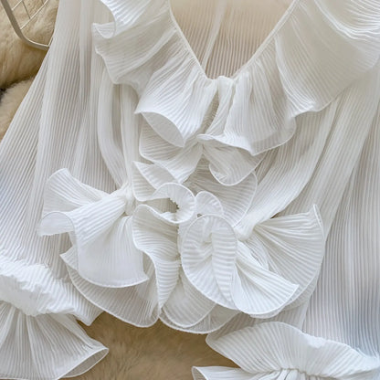 Ruffles Pleated Romantic Tops Thin Spring Summer V Neck French Elegant Blouse Fairycore Flowy Office Lady Luxury Shirt
