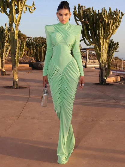 Autumn New Style Maxi Dress Women Turtleneck Full Sleeve Backless Skinny Stretch  Prom Party Ruched Elegant Vestidos