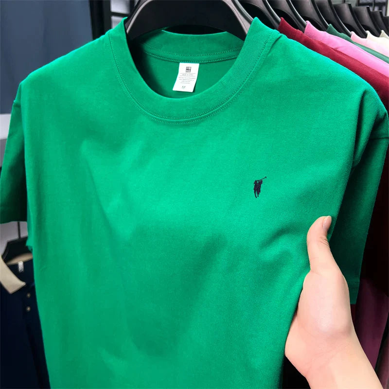 Xiaoma Embroidery Casual Pure Cotton Short Sleeved T-shirt for Young Men, Round Neck Solid Color T-shirt for Men