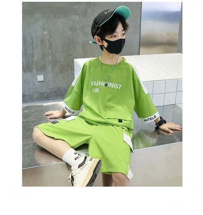 Summer Boys Patchwork Alphabet Half Sleeves T-Shirt Tops+Shorts Pant School Kids Tracksuit Child 2PCS Outfit Workout Set 5-16 Yr