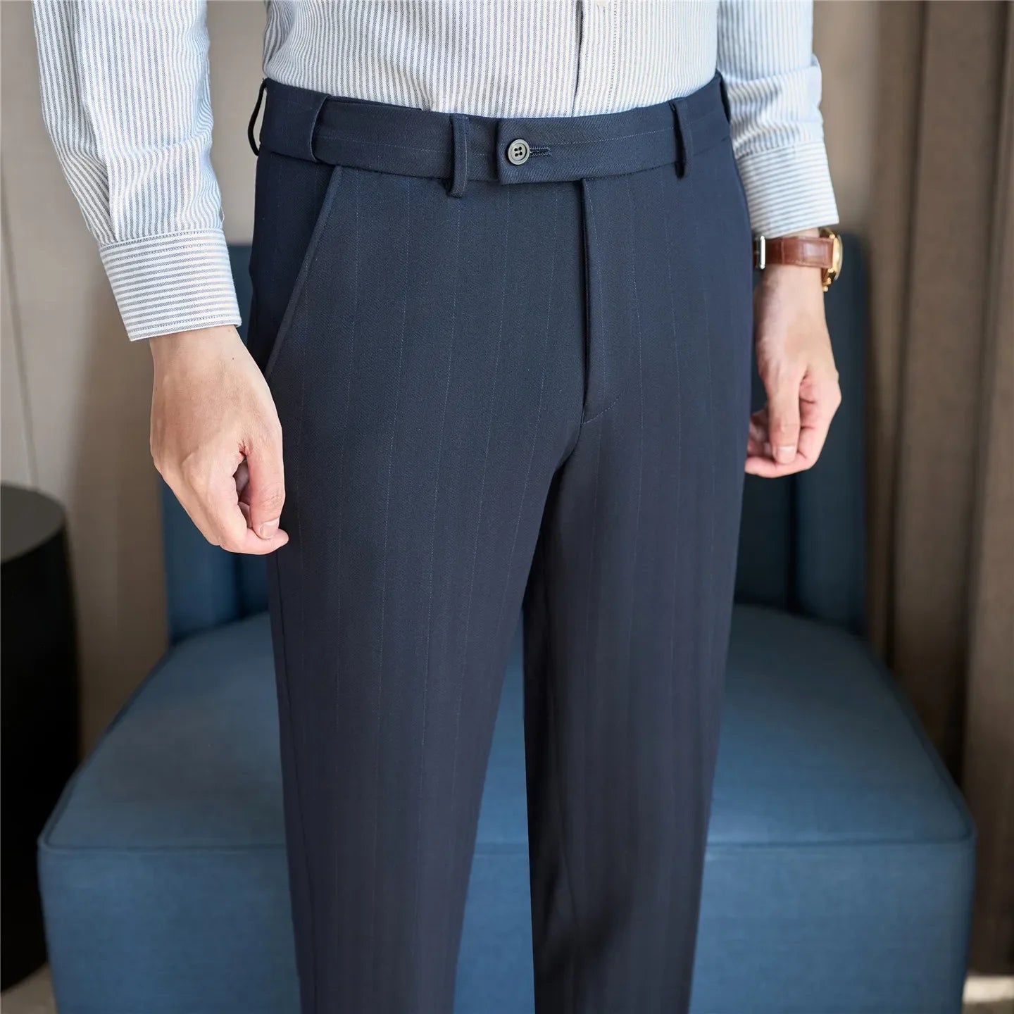 Autumn Winter New Thickened Wool Striped Suit Pants Men's High Qualitys Elastic Waist Slim Fit Business Casual Trousers 38-29