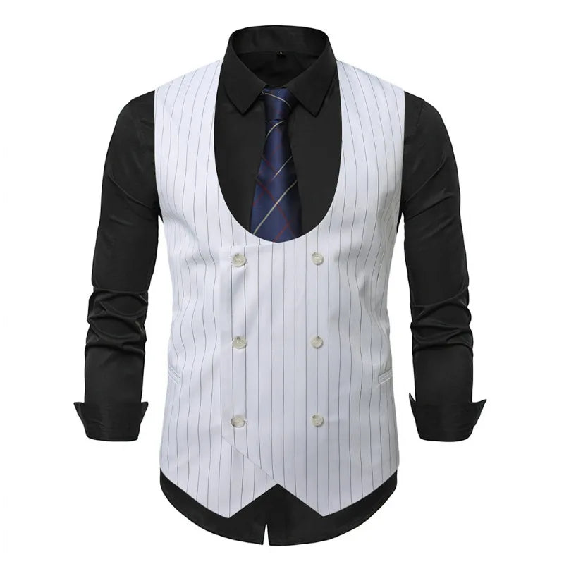 Man Suit Vest Vintage Striped Double-breasted Men Waistcoat British Style Slim Sleeveless Casual Versatile Male Vest