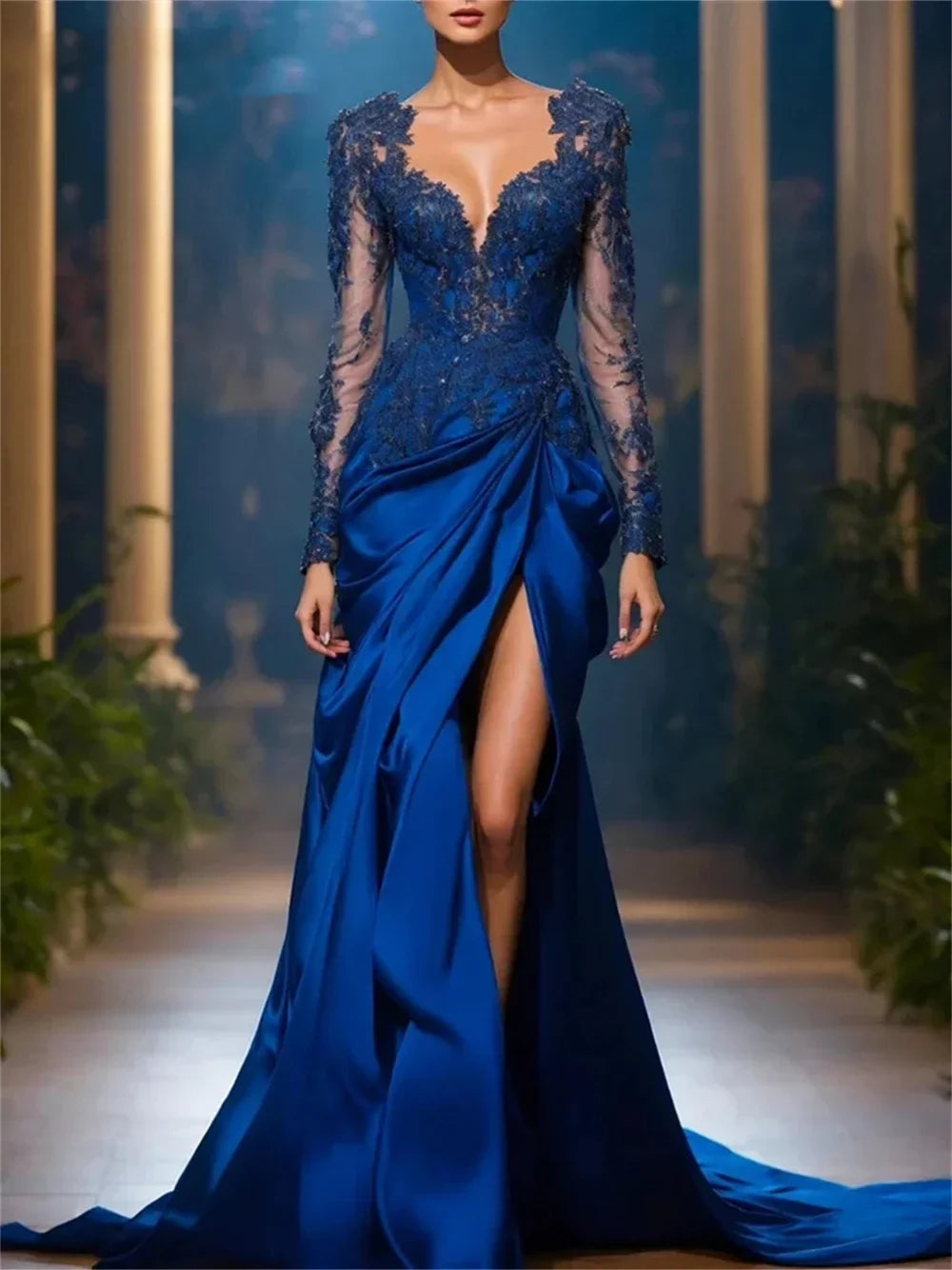 New Luxury Lace Applique Long Sleeve Mermaid V-neck Side Slit Evening Dress Satin Customized PROM Wedding Party Dress 2025