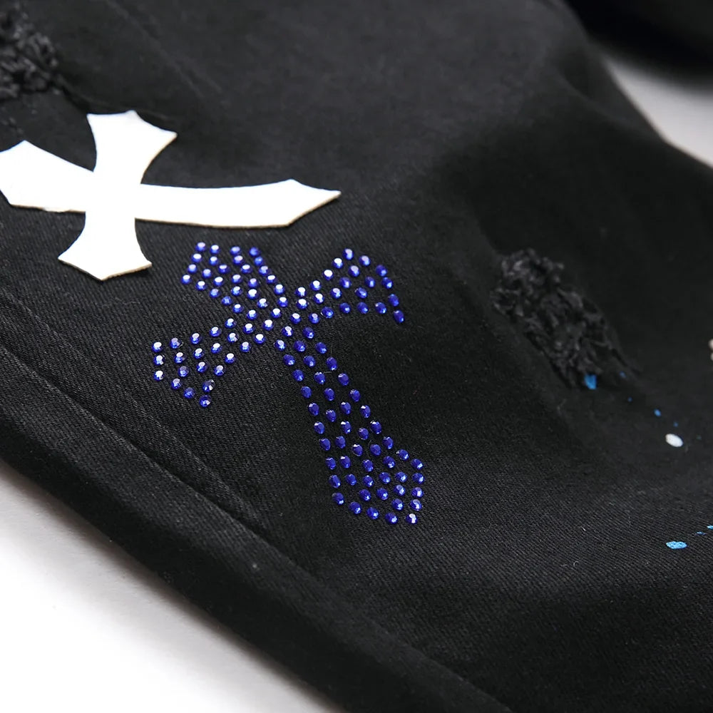 Men Crystal Cross Stretch Denim Jeans Holes Ripped Distressed Black Pants Embroidery Slim Tapered Trousers