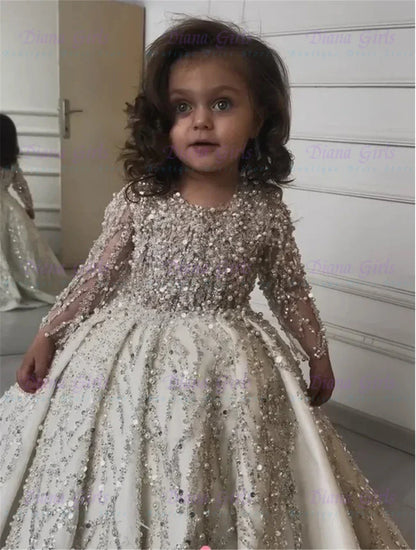Gorgeous Pearl Sequins Quality Satin FLuffy Flower Girl Dress Exquisite Applique for Wedding Birthday Party Evening Ball Gowns