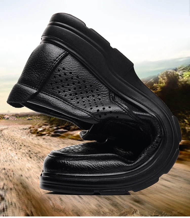 Men's Summer Breathable Leather Loafers Brown Hollow Out Slip-On Shoes Male Thick Sole Comfortable Non-slip Work Shoes for Man