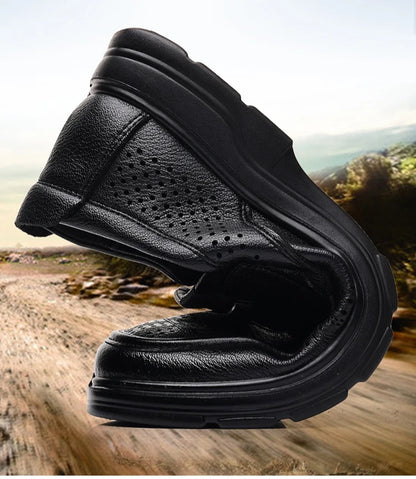 Men's Summer Breathable Leather Loafers Brown Hollow Out Slip-On Shoes Male Thick Sole Comfortable Non-slip Work Shoes for Man