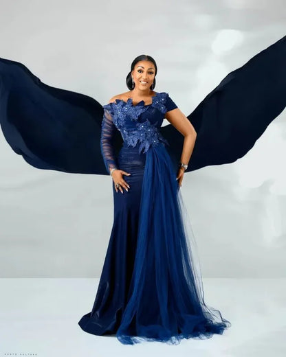 Aso Ebi Arabic Navy Blue Mermaid Evening Dresses Crystals Lace Formal Party Birthday Celebrity Mother Of Bride Gowns Customized
