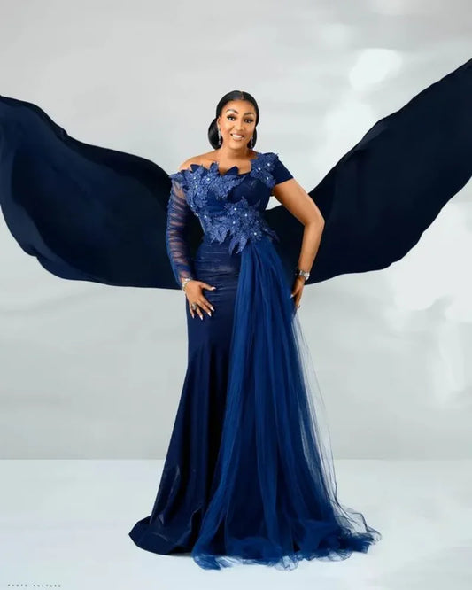 Aso Ebi Arabic Navy Blue Mermaid Evening Dresses Crystals Lace Formal Party Birthday Celebrity Mother Of Bride Gowns Customized
