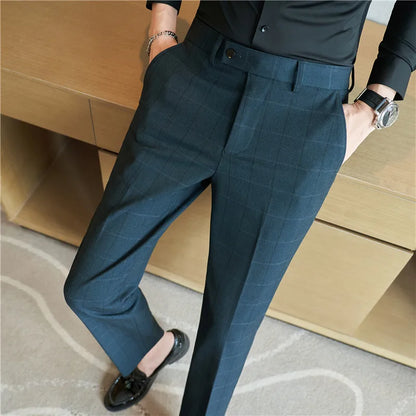 2026 Classic Men's Slim Fit Plaid Striped Casual Pants Fashion Business Slim Fit Suit Pants Formal Groom Wedding Dress Trousers