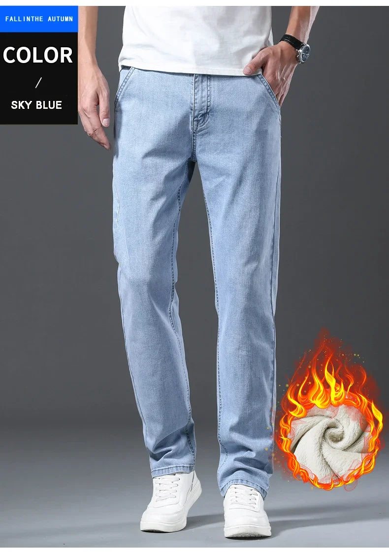 2024 New Men's Clothing Casual Jeans Winter New Fleece Pants Thick Warm Fashion Straight Fit Male Denim Trousers