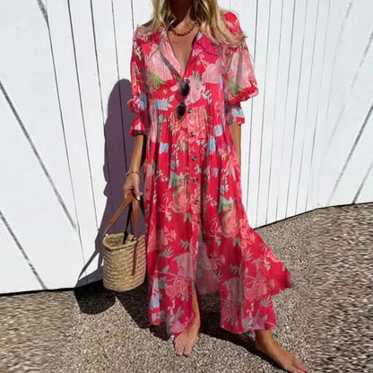 Women's Elegant Plus Size Pleated Short Sleeve V Neck Long Dresses Sweet Style High Waist Printed Dress Female Casual Loose Gown