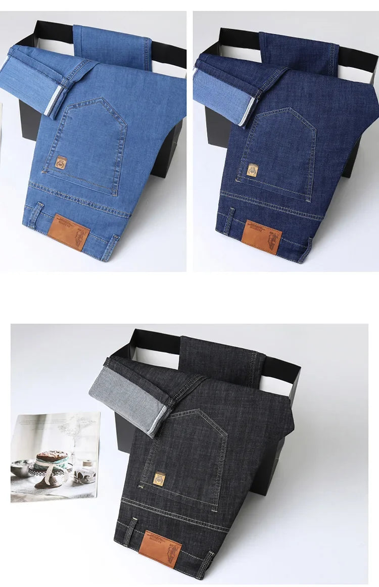 Light Blue Classic Business Casual Cotton Pants Fashion Breathable Denim Elastic Trousers Brand Men's Clothing Straight Jeans