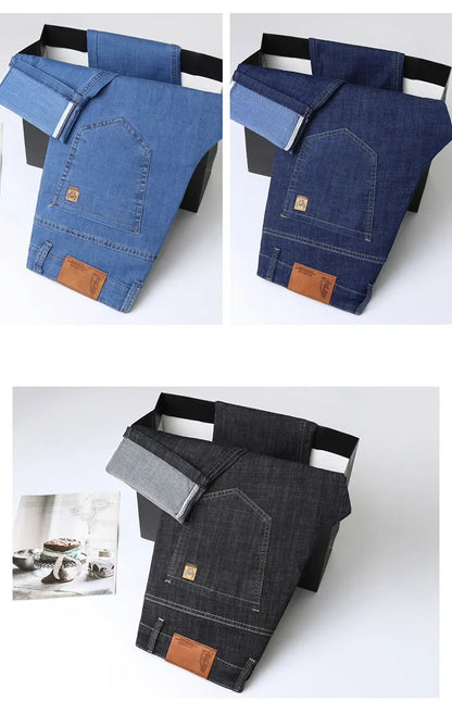 Light Blue Classic Business Casual Cotton Pants Fashion Breathable Denim Elastic Trousers Brand Men's Clothing Straight Jeans