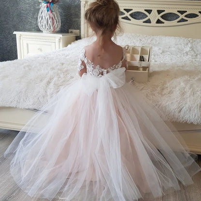 Cute Flower Girl Dresses for Wedding Big Bow Appliques Long Little Pageant Gowns Girls White Tulle First Communion Gowns