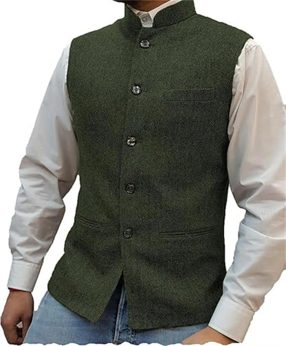 Mens Suit Tweed Vest Stand Collar Single Breasted Herringbone Sleeveless Waistcoat Casual Business Wedding Party Outerwear Gilet