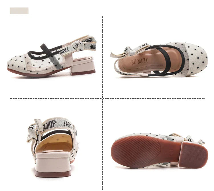 Mesh Black White Polka Dot Shoes Sandals for Girls with Heels Mules Sling Back Shoes for Girls Luxury Shoes for Girls To Dress